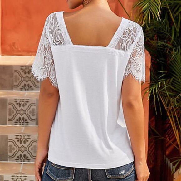 Lace White Short Sleeve Deep V-Neck Square Back Elevated Basic T-Shirt Large - Picture 5 of 6